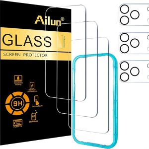 Ailun 3 Pack Screen Protector with Camera Lens Protectors & Installation Frame – 9H Tempered Glass for iPhone 17 Pro (6.3″) – Scratch, Fingerprint, & Oil Resistant
